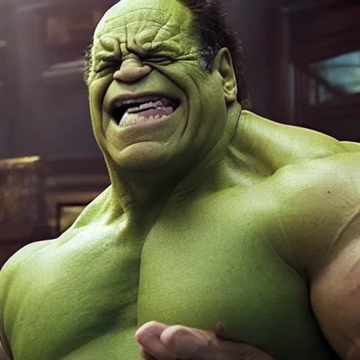 Prompt: a screenshot of Danny Devito playing The Hulk in Avengers: Infinity War