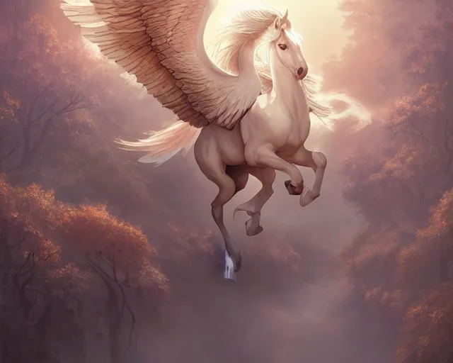 Prompt: white pegasus flying above forested mesas at sunrise, illustration, by ( kieran yanner ) ( miranda meeks ) ( anna podedworna ) ( cristi balanescu ), digital art