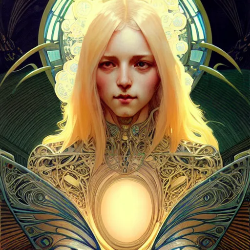 Image similar to A cybernetic girl with blonde hair, glowing halo, huge highly detailed intricate wings, art nouveau, fantasy, intricate, elegant, highly detailed, digital painting, artstation, concept art, smooth, sharp focus, illustration, art by Krenz Cushart and Artem Demura and alphonse mucha