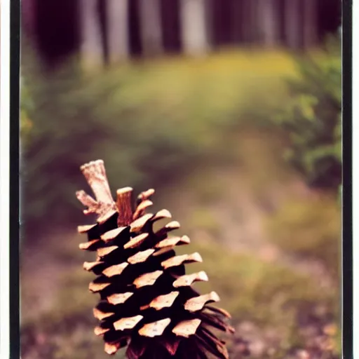 Prompt: polaroid photo of pine cone with human legs, bokeh
