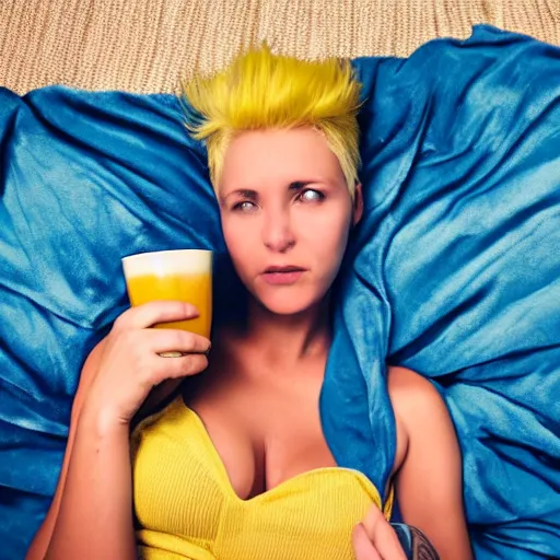 Image similar to hot tired girl yellow hair laying on bed blue blanket drinking bottle of beer relaxed seductive looking at you hand outstretched
