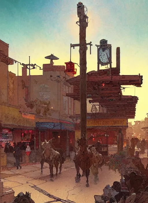 Image similar to beautiful commission of a desert western town. Atmospheric. Renowned scene illustration by greg rutkowski, thomas kindkade, alphonse mucha, loish, norman rockwell. detailed, inked, western comic book art