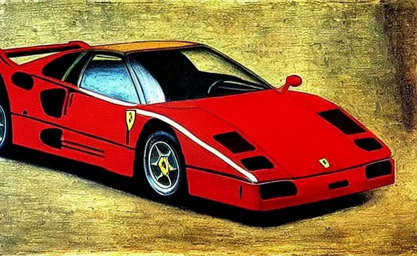 Image similar to Painting of a Ferrari F40, italian High Renaissance art by Leonardo da Vinci