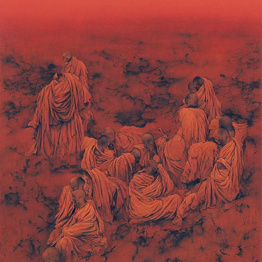 Image similar to ! dream faceless monks on a desert, red color scheme, high detailed beksinski painting, by adrian ghenie and gerhard richter. art by takato yamamoto. masterpiece, deep colours.