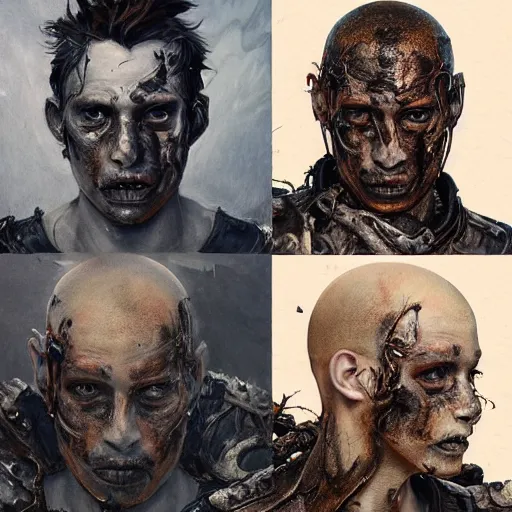 Image similar to portrait painting of young man with severe burn scars on his face and poorly cut short hair with a severe expression wearing tattered leather armor, ultra realistic, concept art, intricate details, eerie, highly detailed, photorealistic, octane render, 8 k, unreal engine. art by artgerm and greg rutkowski and charlie bowater and magali villeneuve and alphonse mucha