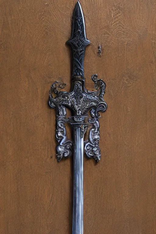 Image similar to sword of justice hanging on a wall, ornate gem in pommel, engraved blade, herringbone floor