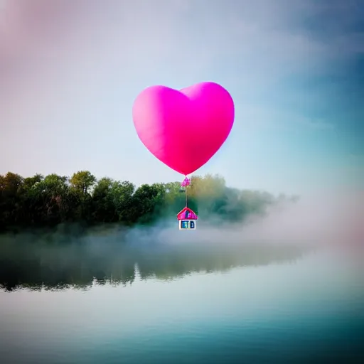 Image similar to a 5 0 mm lens photograph of a cute pink floating modern house, floating in the air between clouds, inspired by the movie up, held up from above by a heart - shaped ballon. mist, playful composition canon, nikon, award winning, photo of the year