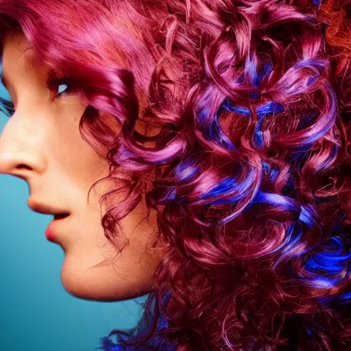 Prompt: Close-up side profile portrait of an attractive woman with an aquiline nose and a strong jawline, and blue bioluminescent translucent blue skin. Her big long wavy curly pink and orange hair fills most of the image and is realistically illuminated by the blue glow of her face. Her big long wavy curly pink and orange hair hangs down behind her face. Her big long wavy curly pink and orange hair hangs down over the side of her blue face, covering her ear. Weta Digital. Animal Logic. Industrial Light & Magic.