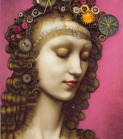 Image similar to portrait of a beautiful young cyborg woman with a big steampunk flower crown and part mechanical face , Metropolis, by Leonardo Da Vinci in the style of Man Ray