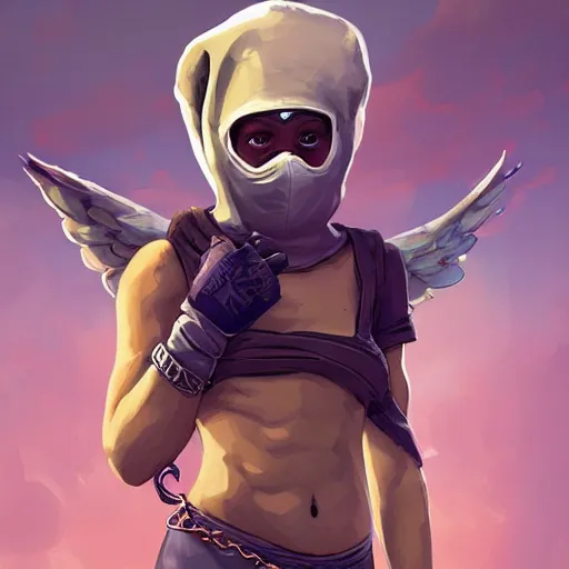 Image similar to baby Angel cherub, ski mask, balaclava, covered face, hoodie, hip hop golden necklace Angel halo, fantasy art apex fortnite Video game icon, 2d game art gta5 cover , official fanart behance hd artstation by Jesper Ejsing, by RHADS, Makoto Shinkai and Lois van baarle, ilya kuvshinov, rossdraws