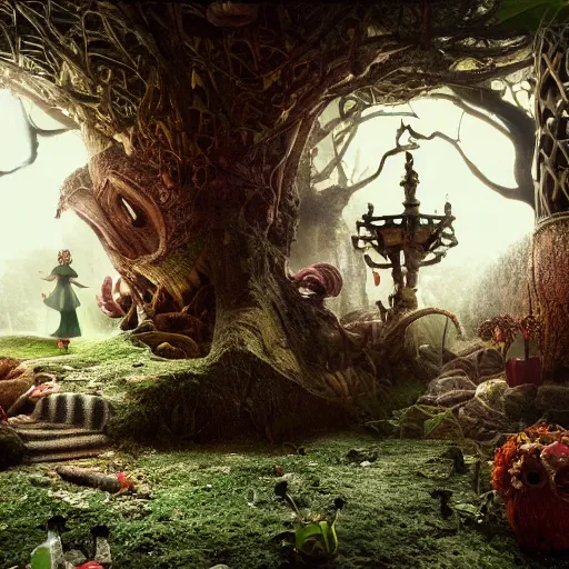 Image similar to alice in wonderland 3 d, horror atmosphere, scarry, octane render, intricate, hyper detailed, morning light, well rendered