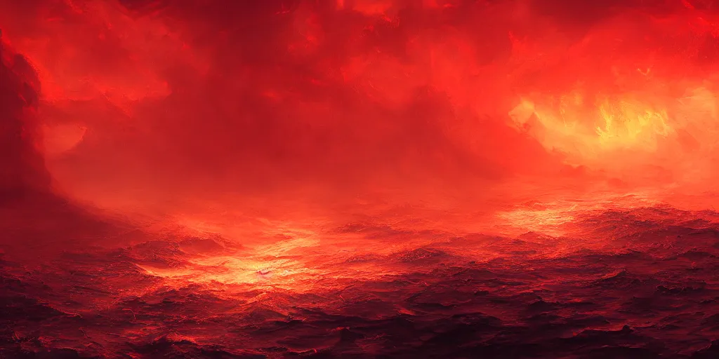 Image similar to a boiling and flaming red sea, illustration, raining, dark and moody lighting, at night, digital art, oil painting, fantasy, 8 k, trending on artstation, detailed