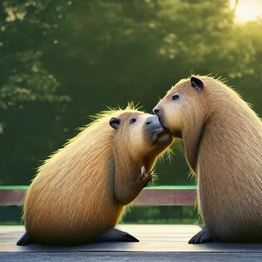 Prompt: Two photorealistic capybaras sitting on a park bench with their bodies touching each other, holding hands in the moonlight.