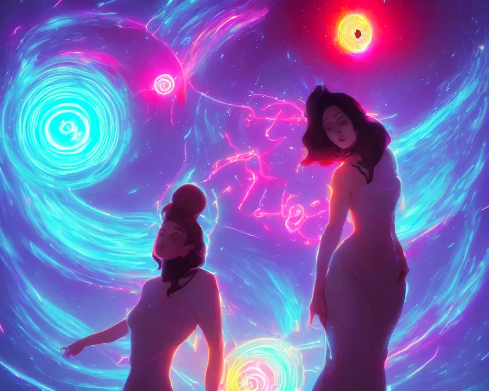 Image similar to a beautiful whimsical woman standing under a multi-colored binary blackhole with an accretion disc, casting magic, glowing trails following her arms, acidwave, by Lois van Baarle, by Greg Rutkowski, by artgerm, by beeple, by studio ghibli, cinematic angle, volumetric lighting, 4k resolution, octane render, trending on artstation, masterpiece