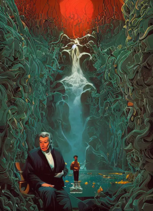 Prompt: poster artwork by Michael Whelan and Tomer Hanuka, Karol Bak of portrait of Walt Disney, from scene from Twin Peaks, clean