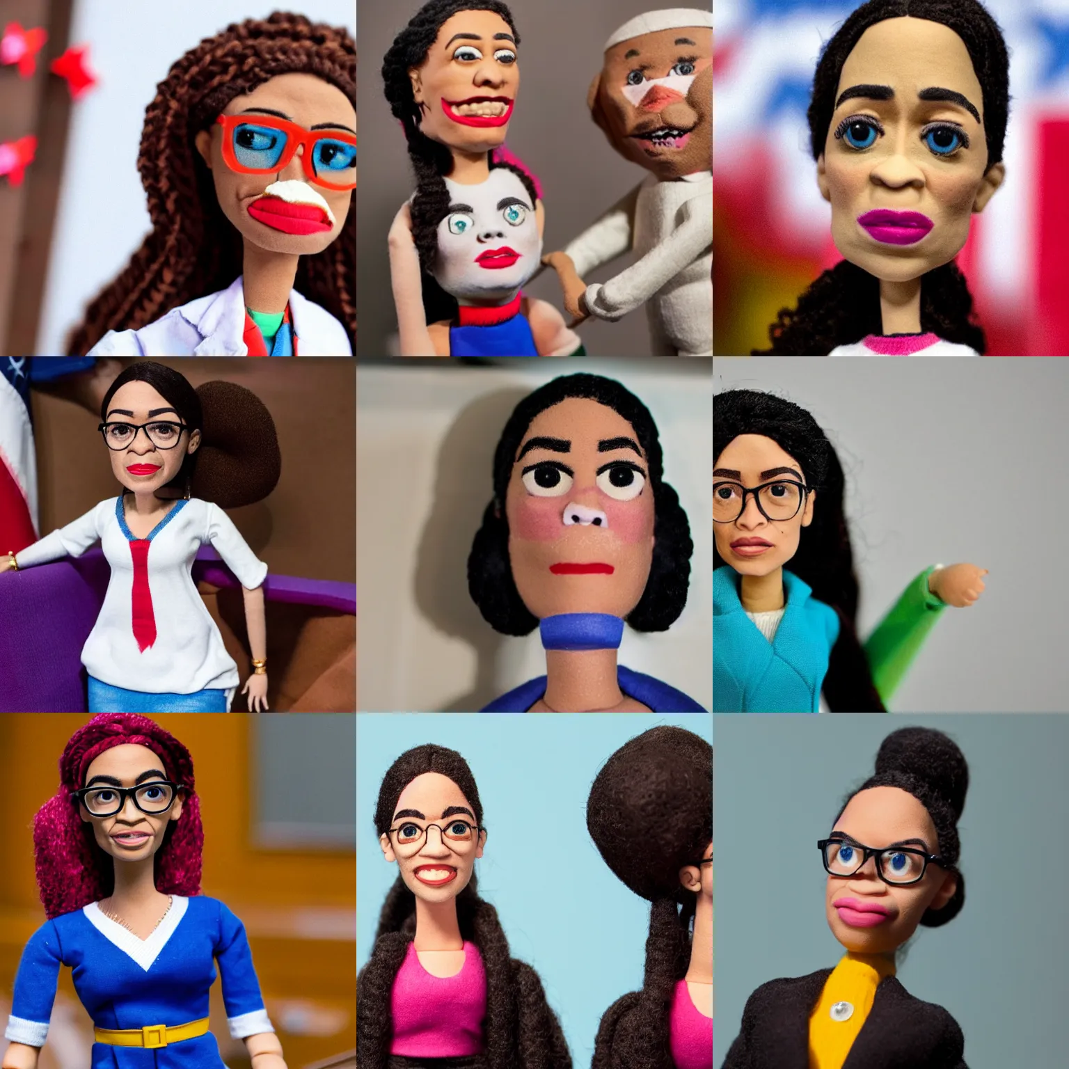 Prompt: a claymation doll of alexandria ocasio cortez