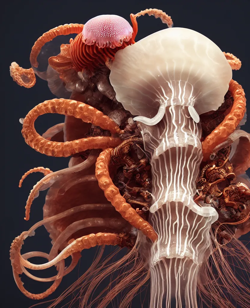 Image similar to goddess close-up portrait ram skull. jellyfish phoenix head, nautilus, orchid, ram skull, betta fish, bioluminiscent creatures, intricate artwork by Tooth Wu and wlop and beeple. octane render, trending on artstation, greg rutkowski very coherent symmetrical artwork. cinematic, hyper realism, high detail, octane render, 8k