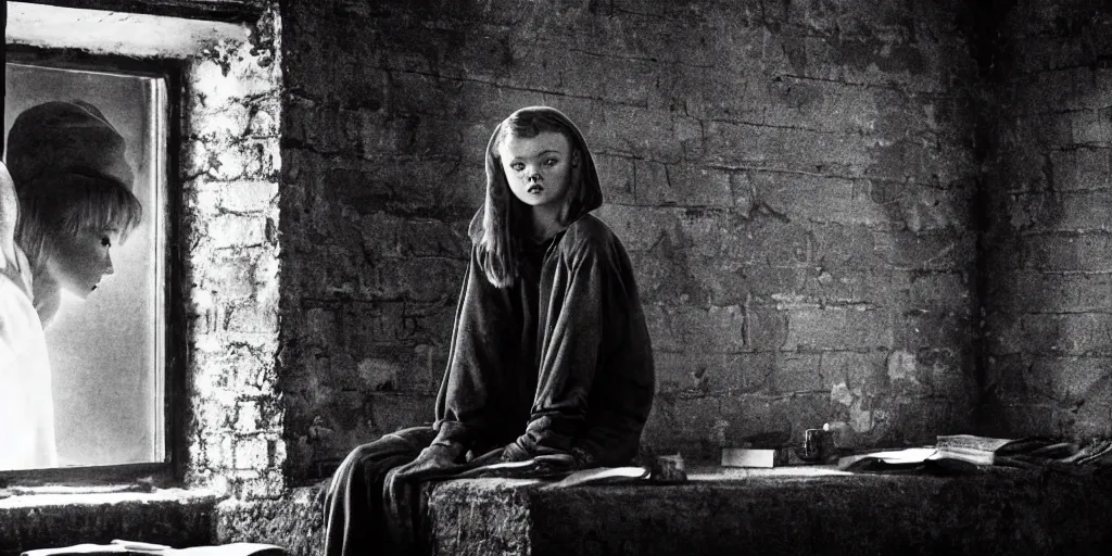 Prompt: at night, sadie sink in hoodie sits on windowsill, knees tucked in | rain falls, old brick wall with ussr propaganda posters : imax b & w film stock, anamorphic, single long shot from schindler's list by steven spielberg. cyberpunk, photorealistic, cinematic atmosphere, detailed and intricate, perfect anatomy