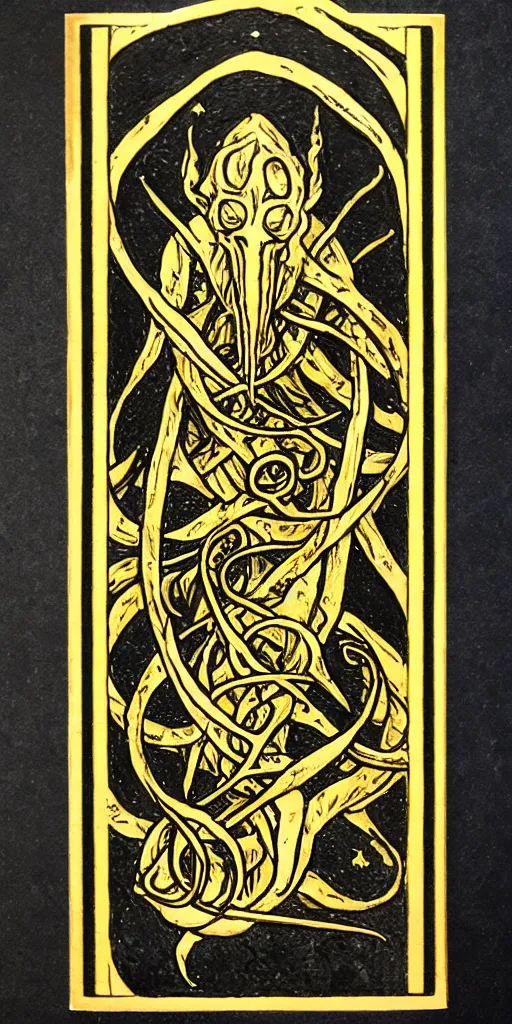 Image similar to tarot card, illithid, black background, gold border, metal