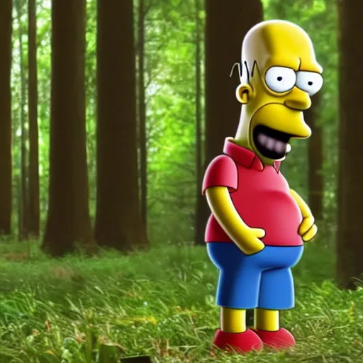 Image similar to Homer Simpson in the woods photo realistic creepy 4K