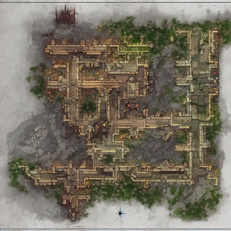 Prompt: full - color fantasy floor plan map of a dungeon, by greg rutkowski, trending on artstation