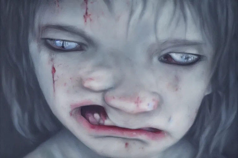 Prompt: brutalist ambient atmospheric demon crying little girl oil painting portrait, symbolic, volumetric lighting, award - winning, perfection, ambitious, ambient occlusion, vibrant, 4 k hd, grainy,