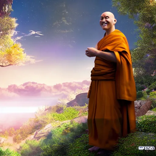 Prompt: a happy monk in perfect harmony with nature is watching the future in the sky. volumetric lighting, sharp focus, ultra detailed, cgsociety - w 1 0 2 4 - n 8 - i