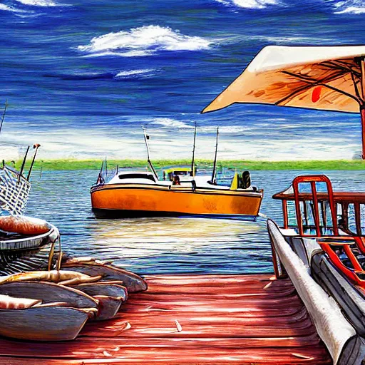 Image similar to realistic crab boil on wooden deck, digital art, fishing boats in background, blue sky