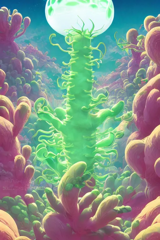 Image similar to roots cactus sushi cristal smurf ghost creature animal sushi cristal very big eye roots cactus elemental flush of force nature micro world fluo fishscale, behance hd by jesper ejsing, by rhads, makoto shinkai and lois van baarle, ilya kuvshinov, rossdraws radiating a glowing aura global illumination ray tracing hdr