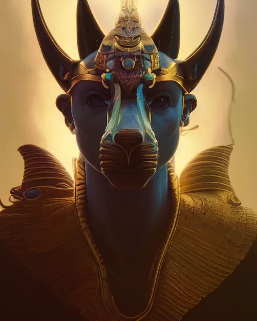 Image similar to highly detailed surreal vfx portrait of a anubis, stephen bliss, unreal engine, greg rutkowski, loish, rhads, beeple, makoto shinkai and lois van baarle, ilya kuvshinov, rossdraws, tom bagshaw, alphonse mucha, global illumination, detailed and intricate environment