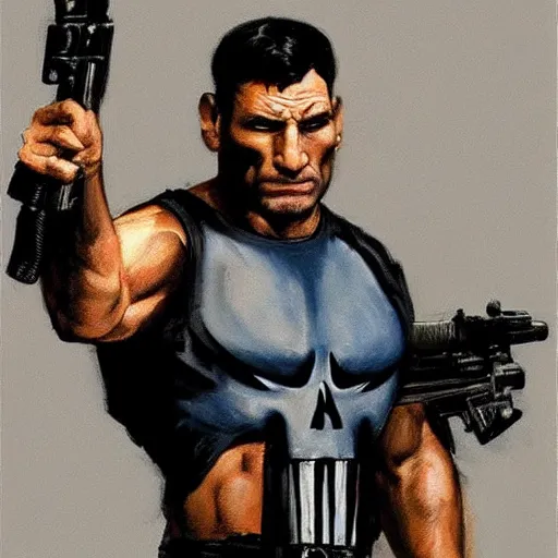 Prompt: mitch fatel as the punisher, painting by frank frazetta, highly detailed, high quality, 8 k, soft lighting, realistic face, path traced