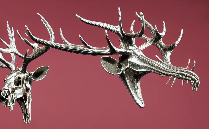 Image similar to stylized shiny polished silver statue bizarre cosmic horror quadruped animal moose deer skull four legs made of slug creature tendrils, perfect symmetrical body, perfect symmetrical face, hyper realistic, hyper detailed, by johannen voss, by michelangelo, octane render, blender, 8 k, displayed in pure white studio room anatomical deep red arteries veins spaghetti flesh