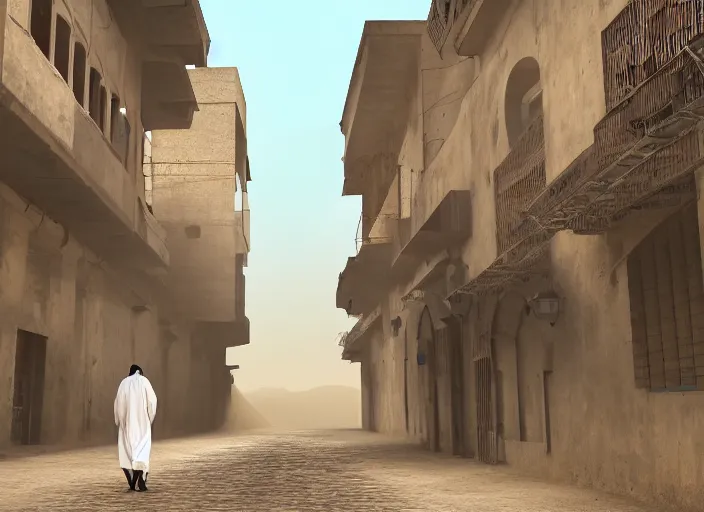 Prompt: old jeddah city alley, roshan, old shops, horse, magical glowing sand gateway to another dimension, a man wearing a white robe standing watching over, fantasy, dramatic lighting, dawn, by caspar david friedrich, unreal engine 5