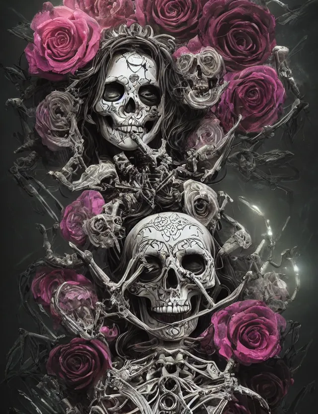 Image similar to a chaotic goddess of death skeleton as a heroine, intricate, elegant skull black rose s day of the dead atmospheric, dramatic, Trending on artstation. augmentations and cybernetic enhancements neon circuits, greg rutkowski , hyperrealist, cinema4D, 8k highly detailed