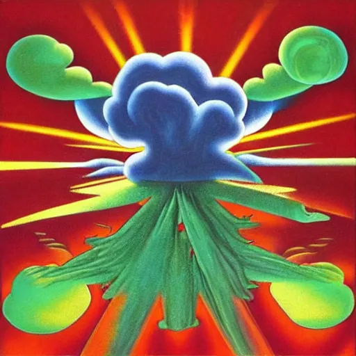 Image similar to 8 0 s new age album cover depicting a mushroom cloud in the shape of guy fieri, very peaceful mood, oil on canvas by mc escher