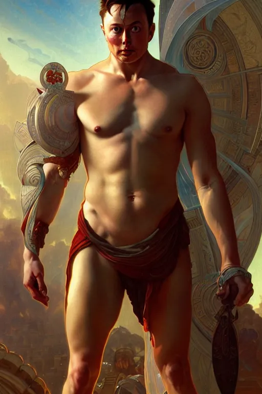 Image similar to Elon Musk as a Greek god, gorgeous, amazing, muscular, fit, very muscular male body, intricate, highly detailed, digital painting, artstation, concept art, sharp focus, illustration, art by greg rutkowski and alphonse mucha