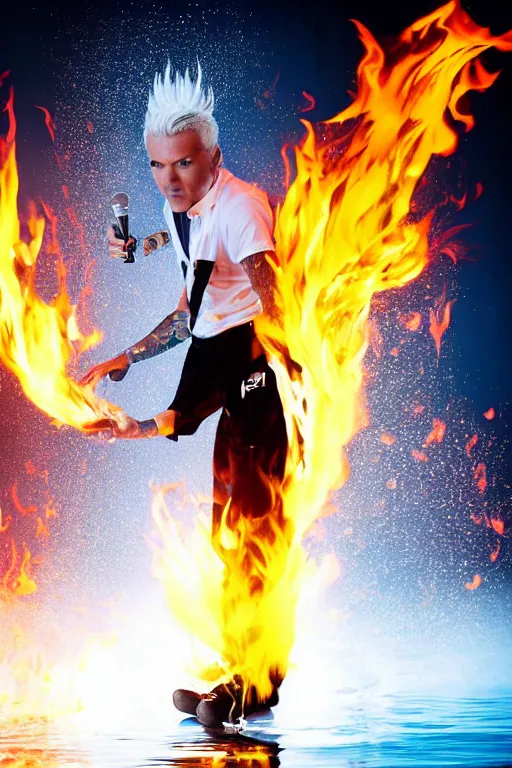 Image similar to scooter rapper baxxter with white hair standing in water shouting in the microphone with explosion and flames in background, full body, white shirt, black pants, reflection in water, volumetric lighting, detailed eyes, dynamic pose, golden ratio