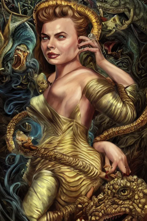 Prompt: A fantasy comic book style portrait painting of Ingrid Bergman, Anya Taylor-Joy, Cory Chase, hybrid, as an Atlantean Reptilian Warrior, François Boucher, Oil Painting, Mystical Valkyrie, unreal 5, DAZ, hyperrealistic, octane render, Regal, Refined, Detailed Digital Art, RPG portrait, Michael Cheval, Walt Disney (1937), William-Adolphe Bouguereau, Steampunk, dynamic lighting, Highly Detailed, Cinematic Lighting, Unreal Engine, 8k, HD