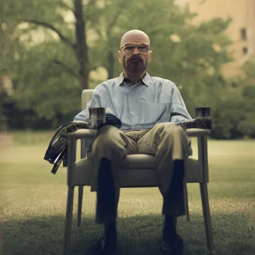 Prompt: walter white sitting on chair standing photo by annie leibovitz 8 0 mm lens bokeh