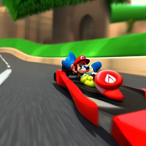 Prompt: cat driving mario kart on realistic road, motion blur, clear sky, golden hour, unobstructed road, artstation