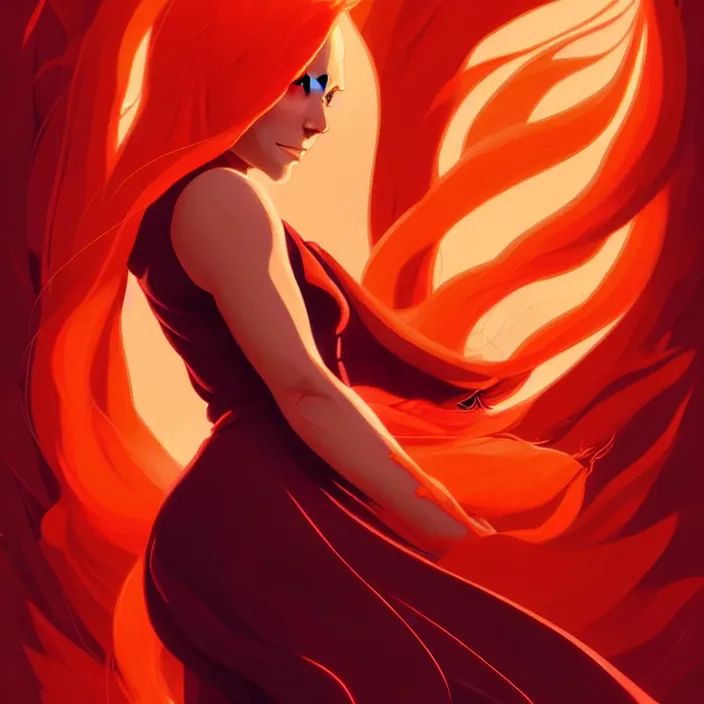 Image similar to style artgerm, joshua middleton, marc simonetti, beautiful kristen bell with dark red dress, very long orange hair, symmetrical face, symmetrical eyes, fire powers fire swirling, detailed, volcano setting, cinematic lighting