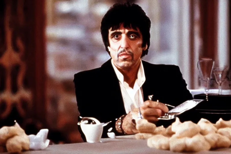 Image similar to tony montana from movie scarface 1 9 8 3 sitting at a table with packages of flour. next to the night window. al pacino. perfect symmetric face, coherent eyes, fine details, 8 k, ron cobb
