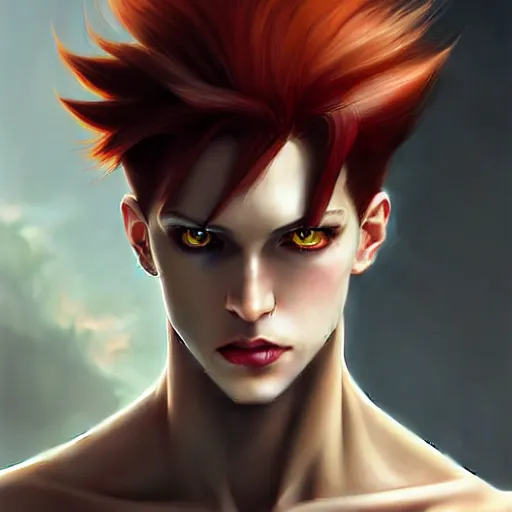 Prompt: portrait of hisoka morow hunter hunter, male, very thin pursed lips extremely sharp jaw yellow eyes narrow almond eyes sultry eyes dark red hair soft hair swept back crimson hair, anime, elegant, highly detailed, digital painting, artstation sharp focus, madonna bowie art by artgerm and greg rutkowski and alphonse mucha