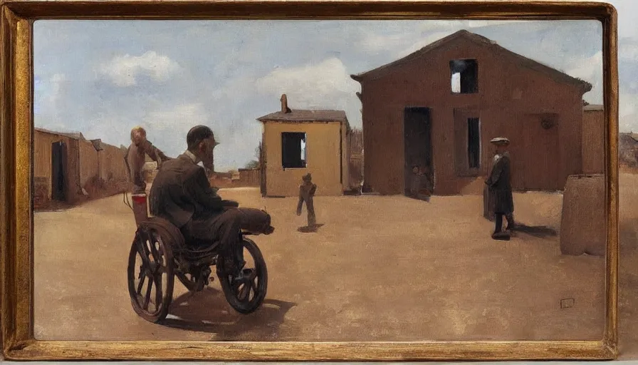 Image similar to painting by borremans, man back standing in front on the mirror and his back in the mirror with small village house and tiny modern car, detailed, stunning