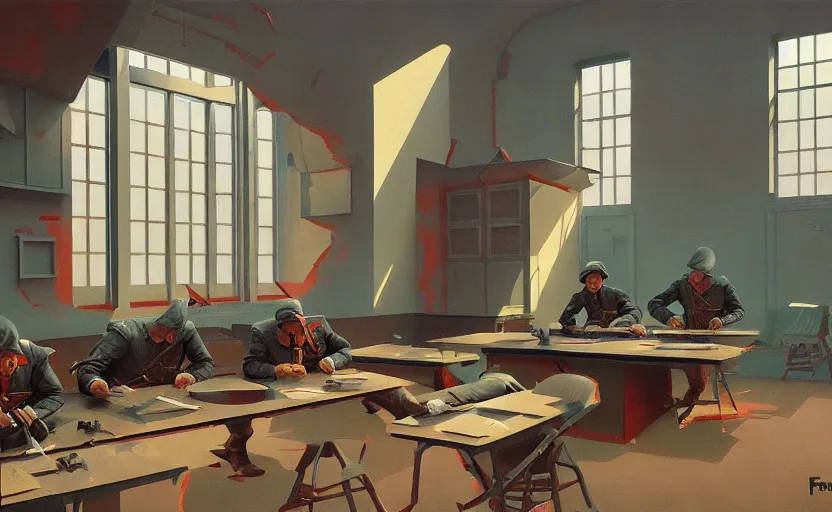 Image similar to Interior shot of soviet war room, highly detailed, very coherent, painted by Francis Bacon and Edward Hopper, Wayne Barlowe, painted by James Gilleard, surrealism, airbrush, art by JamesJean