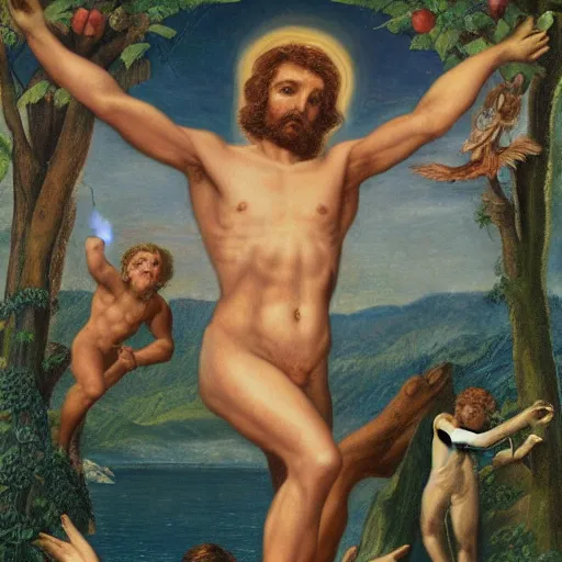 Image similar to Eve star-jumping in the Garden of Eden. God is wearing a concerned frown