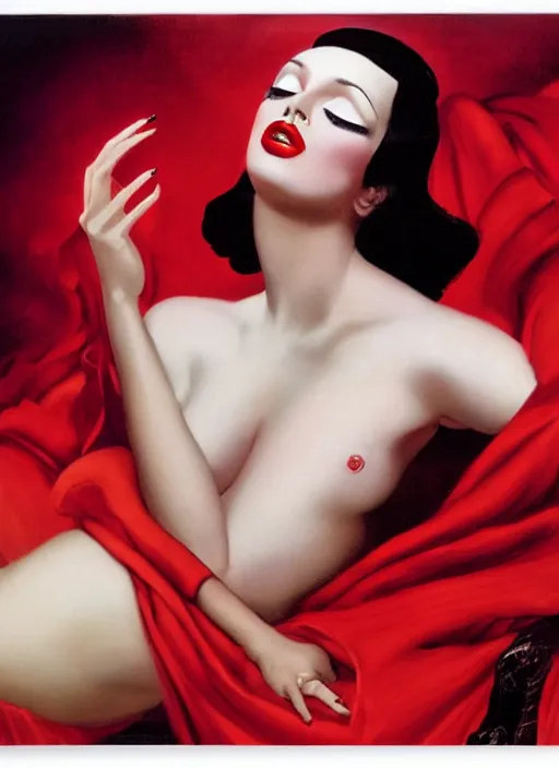 Image similar to an 8 0 s portrait of a woman with dark eye - shadow and red lips with dark slicked back hair dreaming acid - fueled hallucinations by serge lutens, rolf armstrong, delphin enjolras, peter elson, red cloth background