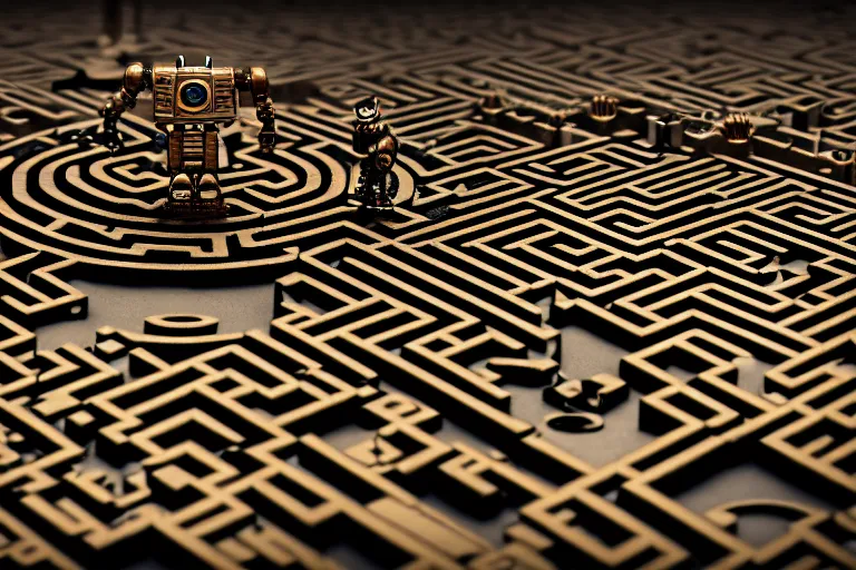 Image similar to a single steampunk robot in a maze by otto dix, tilt shift, ultra realistic, unreal engine, trending on artstation, 4 k