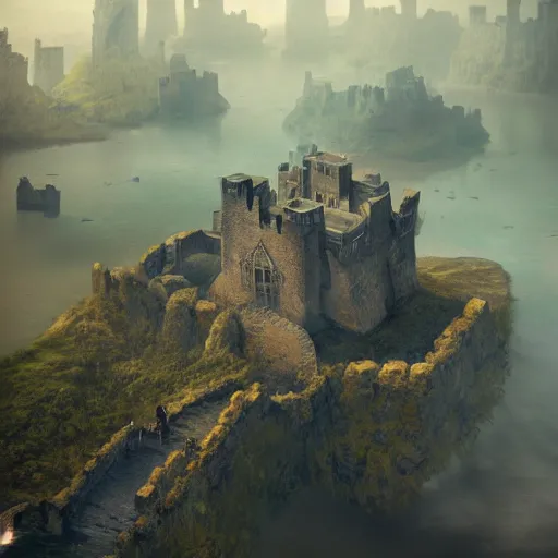 Prompt: aerial view of a square stone fortress sitting above a swamp, dramatic, by alan lee by peter mohrbacher, trending on artstation sharp focus vfx key shot