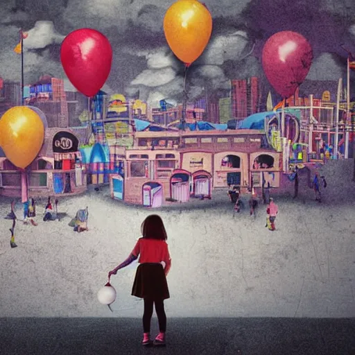 Prompt: a girl holding a balloon at a fairground. buildings with graffiti. silhouette. photograph illustration in the style of simon stalenhag